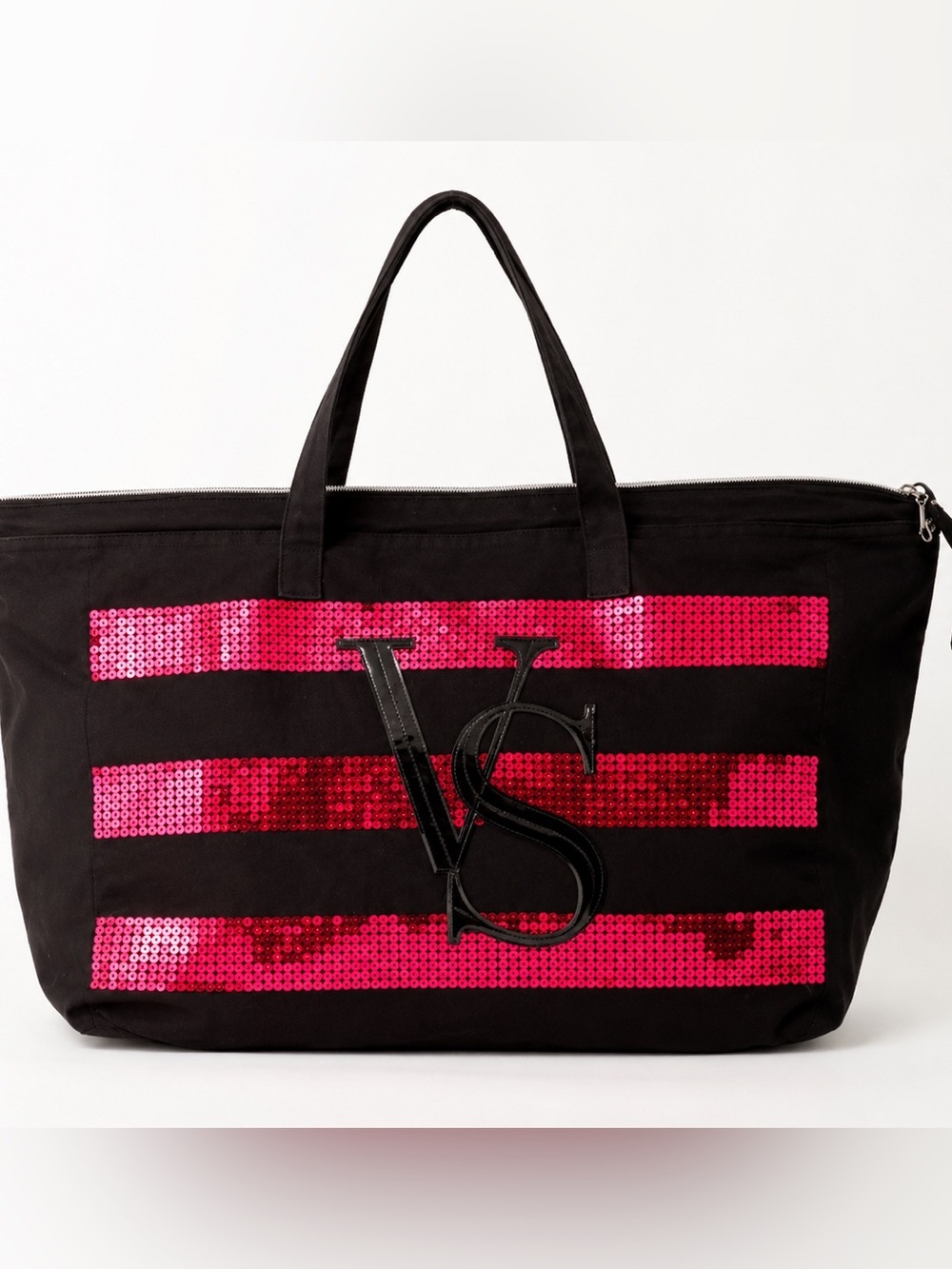 Victoria’s Secret Pink & Black Sequin Stripe Oversized Weekender Tote Bag | Larg